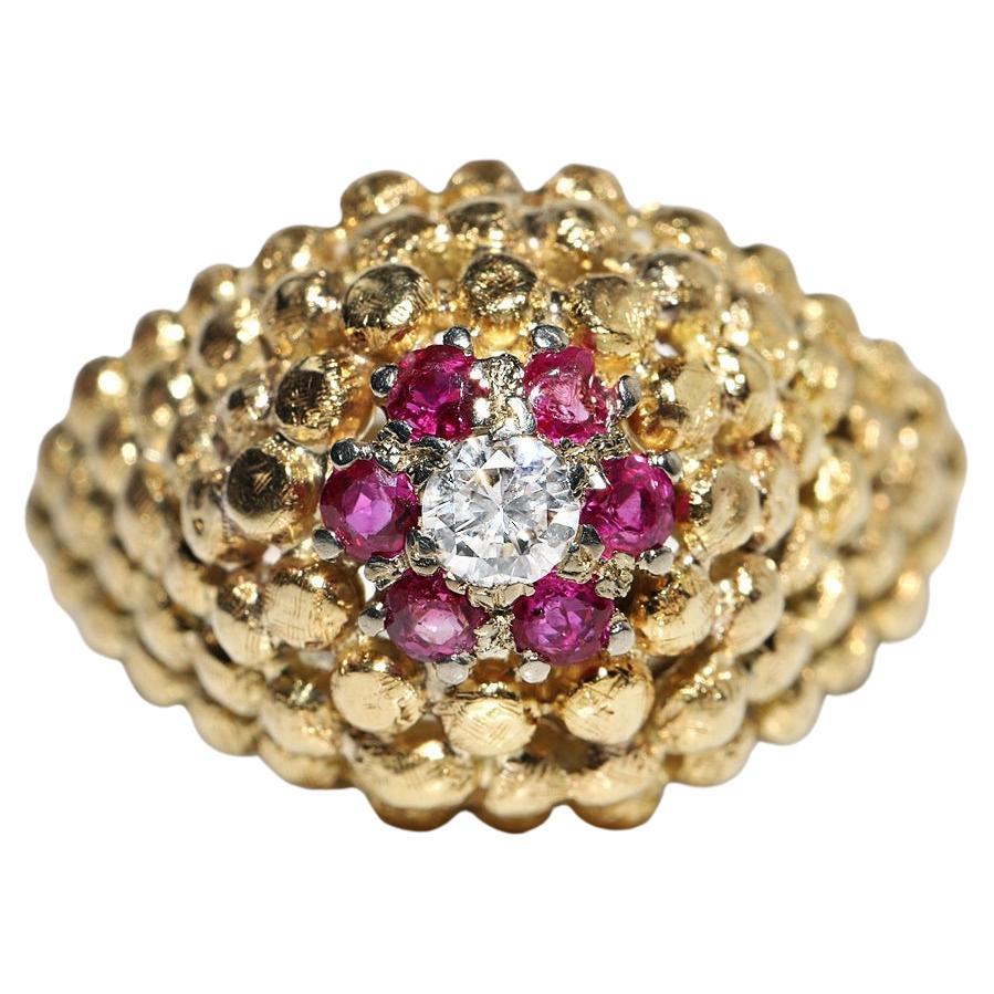 Vintage Circa 1980s 18k Gold Natural Diamond And Ruby Decorated Ring