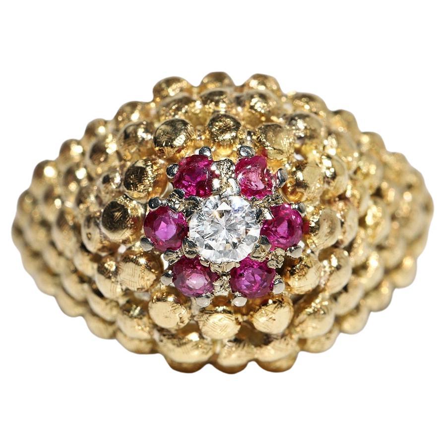 Vintage Circa 1980s 18k Gold Natural Diamond And Ruby Decorated Ring 