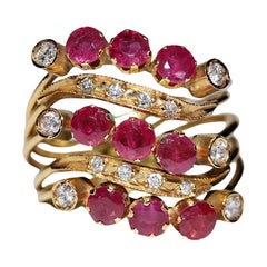 Vintage Circa 1980s 18k Gold Natural Diamond And Ruby Decorated Ring
