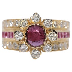 Vintage Circa 1980s 18k Gold Natural Diamond And Ruby Decorated Strong Ring