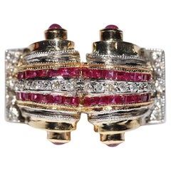 Vintage Circa 1980s 18k Gold Natural Diamond And Ruby Decorated Tank Ring