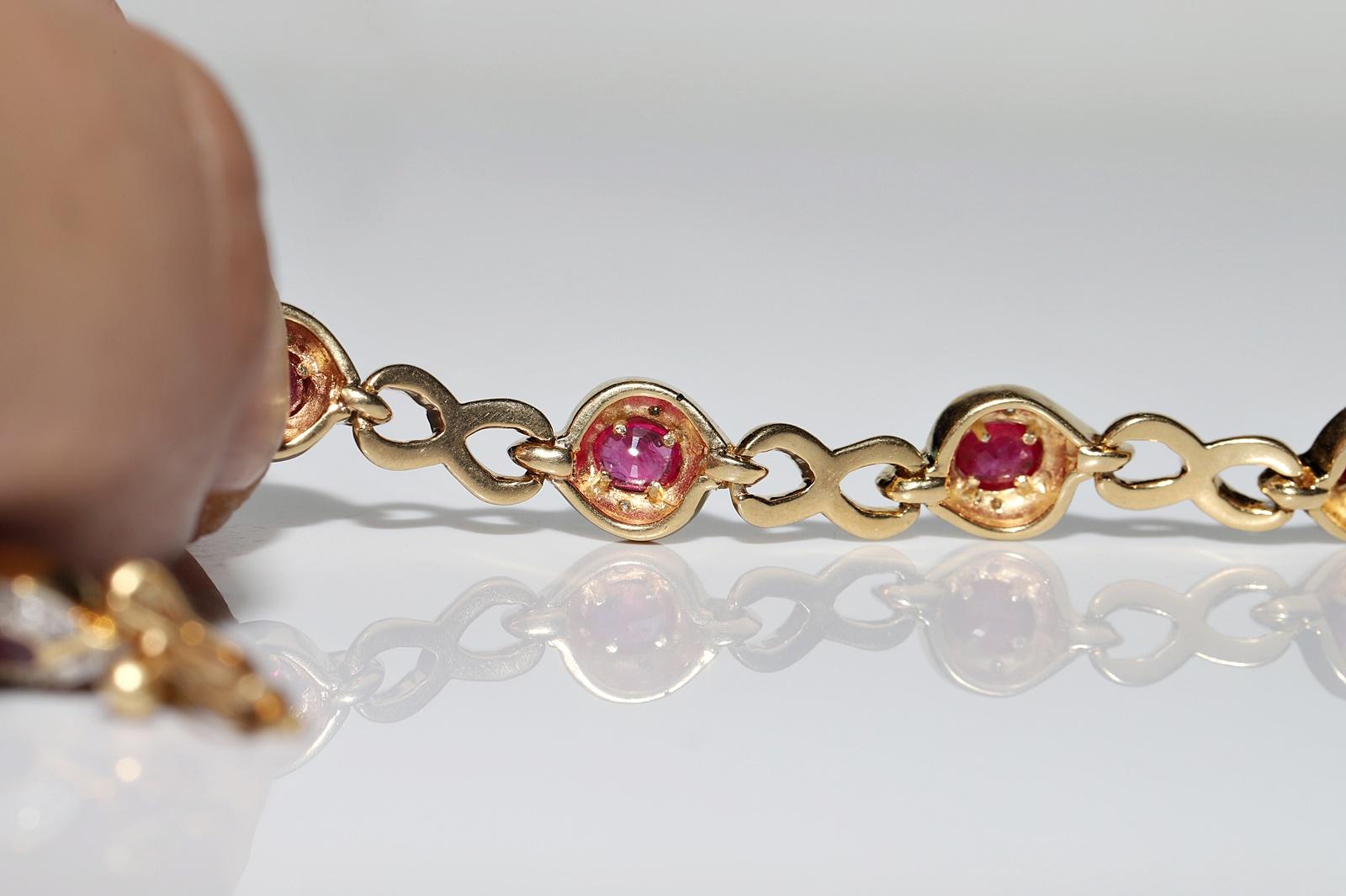 Vintage Circa 1980s 18k Gold Natural Diamond And Ruby Decorated Tennis Bracelet For Sale 6