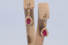 Vintage Circa 1980s 18k Gold Natural Diamond And Ruby Drop Earring