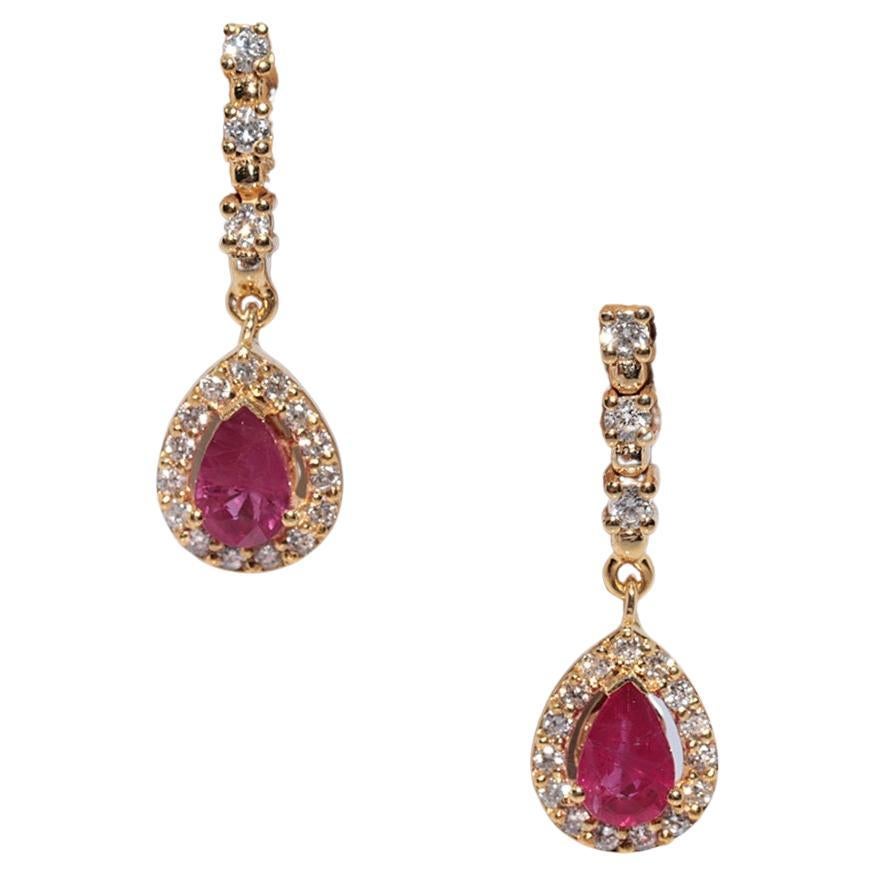 Vintage Circa 1980s 18k Gold Natural Diamond And Ruby Drop Earring For Sale