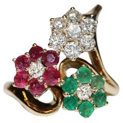 Vintage Circa 1980s 18k Gold Natural Diamond And Ruby Emerald Flowers Ring