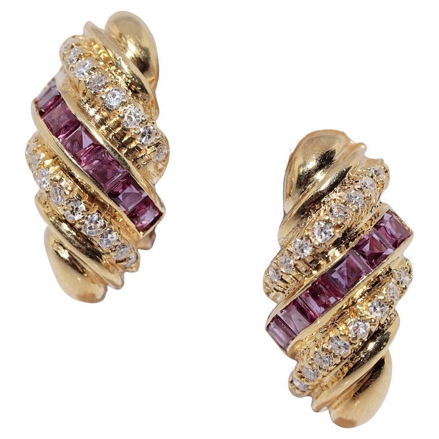 Vintage Circa 1980s 18k Gold Natural Diamond And Ruby Omega Back Earring For Sale