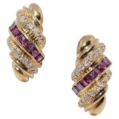 Vintage Circa 1980s 18k Gold Natural Diamond And Ruby Omega Back Earring