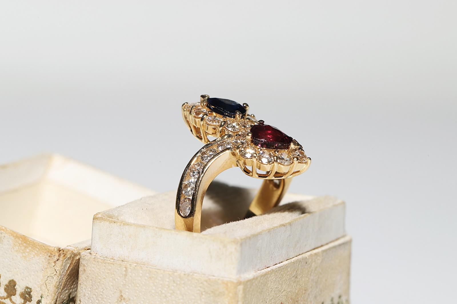 Retro Vintage Circa 1980s 18k Gold Natural Diamond And Ruby Sapphire Decorated Ring  For Sale
