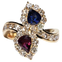 Vintage Circa 1980s 18k Gold Natural Diamond And Ruby Sapphire Decorated Ring