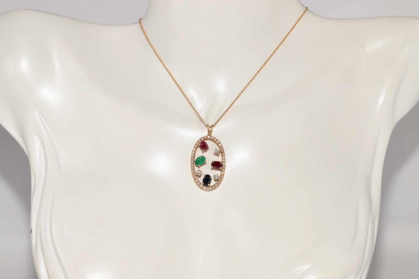 Collar Esmeralda Vintage Circa Años 80 Oro 18k Diamante Natural Y Zafiro Rubí Artesano en venta