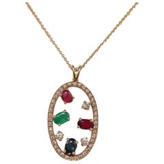 Vintage Circa 1980s 18k Gold Natural Diamond And Ruby Sapphire Emerald Necklace