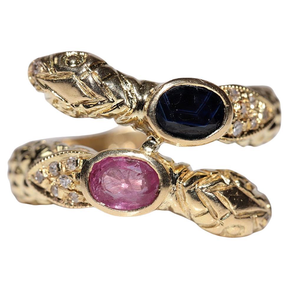 Vintage Circa 1980s 18k Gold Natural Diamond And Sapphire And Ruby Snake Ring