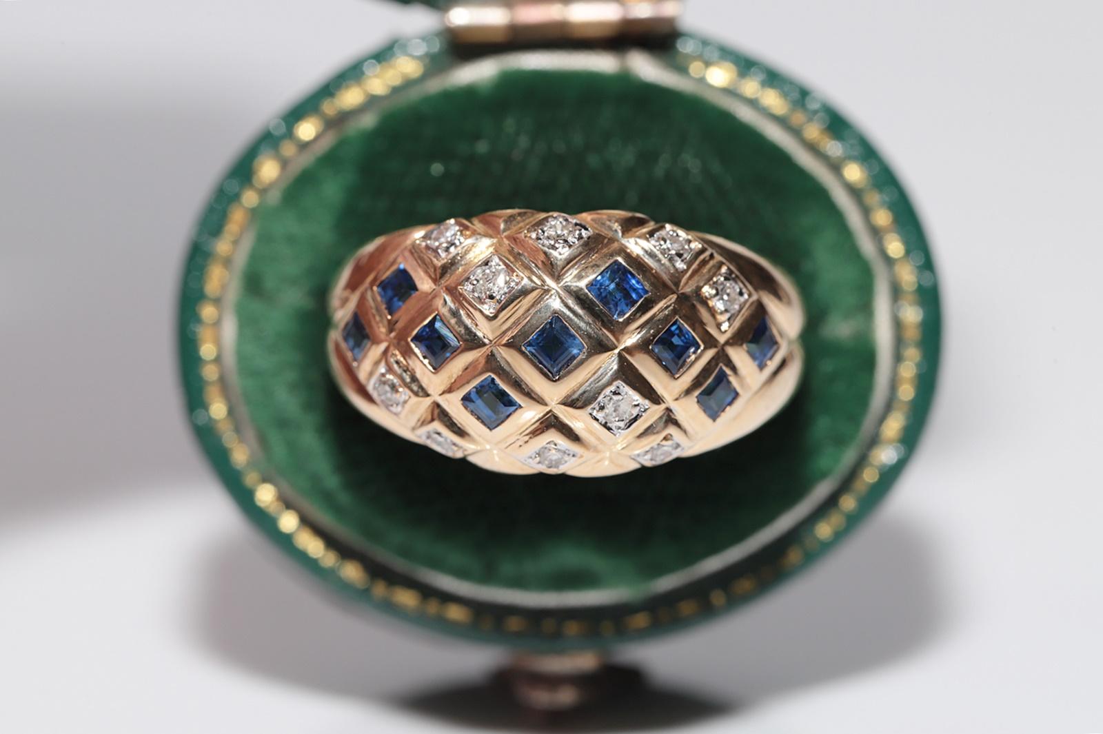 In very good condition.
Total weight is 5.4 grams.
Totally is diamond 0.18 ct.
The diamond is has H-I color and s1-s2 clarity.
Totally is sapphire 0.45 ct.
Ring size is US 6.5
We can make any size.
Please contact for any question.