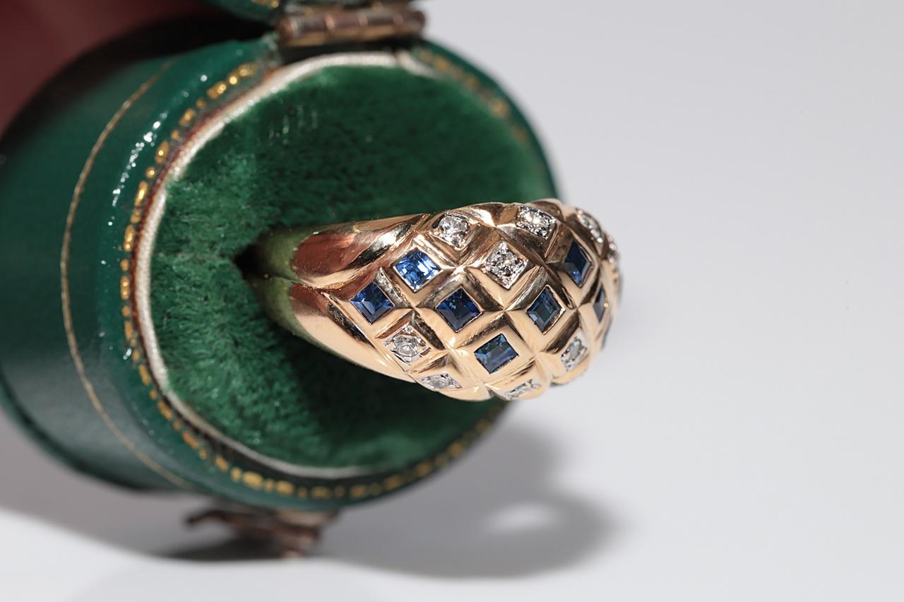 Retro Vintage Circa 1980s 18k Gold Natural Diamond And Sapphire Band Ring For Sale