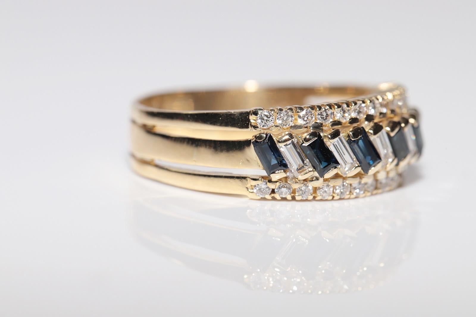 Baguette Cut Vintage Circa 1980s 18k Gold Natural Diamond And Sapphire Band Ring For Sale