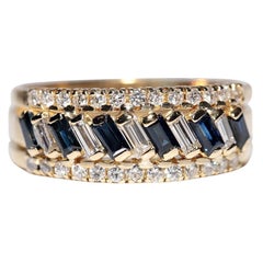 Bague jonc vintage des années 1980 en or 18 carats avec diamants naturels et saphirs