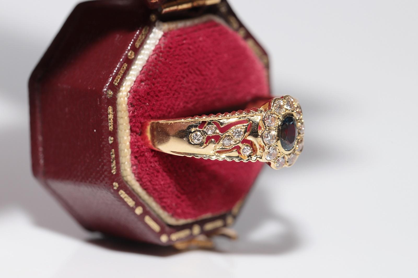 In very good condition.
Total weight is 3.1 grams.
Totally is diamond 0.40 ct.
The diamond is has H color and vs clarity.
Totally is sapphire 0.22 ct.
Ring size is US 8.5
We can make any size.
Box is not included.
Please contact for any questions.