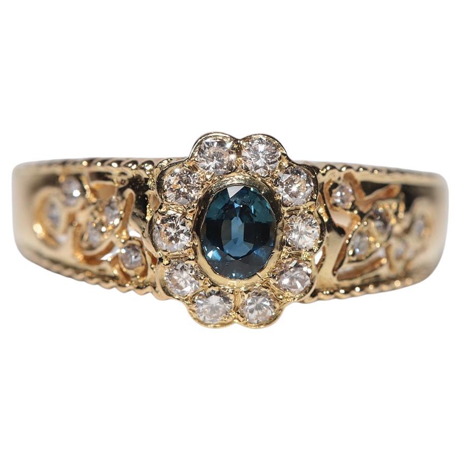 Anello da cocktail in oro 18k con diamanti naturali e zaffiri, vintage, circa anni '80