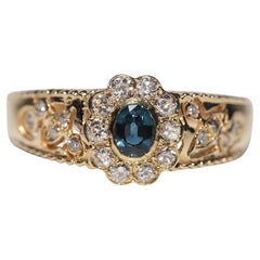 Anello da cocktail in oro 18k con diamanti naturali e zaffiri, vintage, circa anni '80