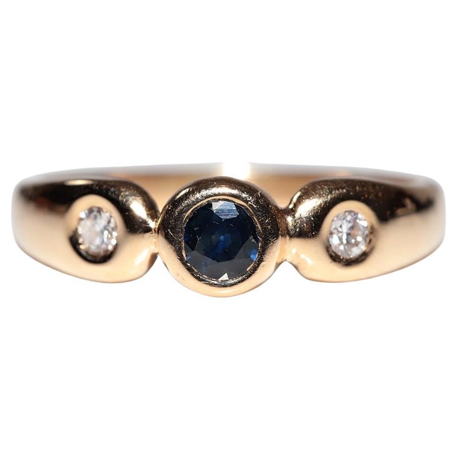 Vintage Circa 1980s Anillo de Oro de 18k Decorado con Diamantes Naturales y Zafiro