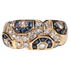 Vintage Circa 1980s 18k Gold Natural Diamond And Sapphire Decorated Band Ring