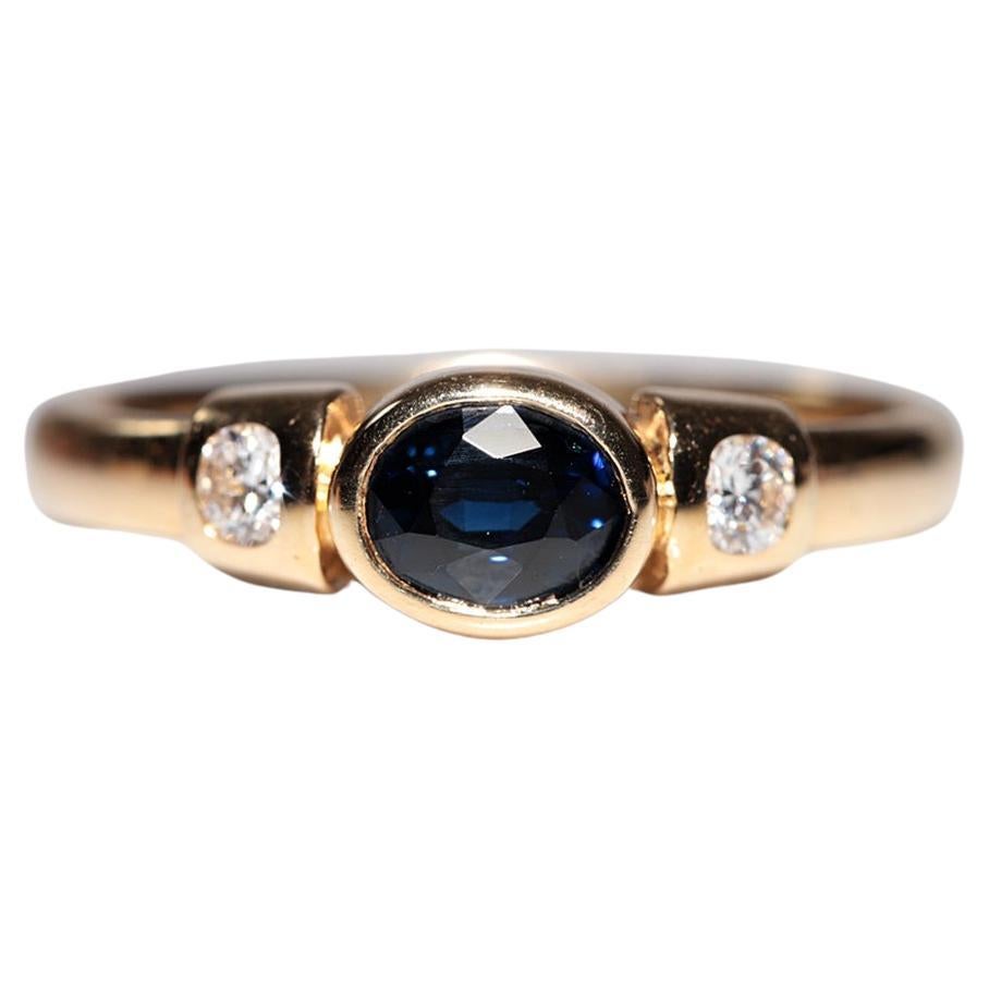 Vintage Circa 1980s Anillo de Oro de 18k Decorado con Diamantes Naturales y Zafiro