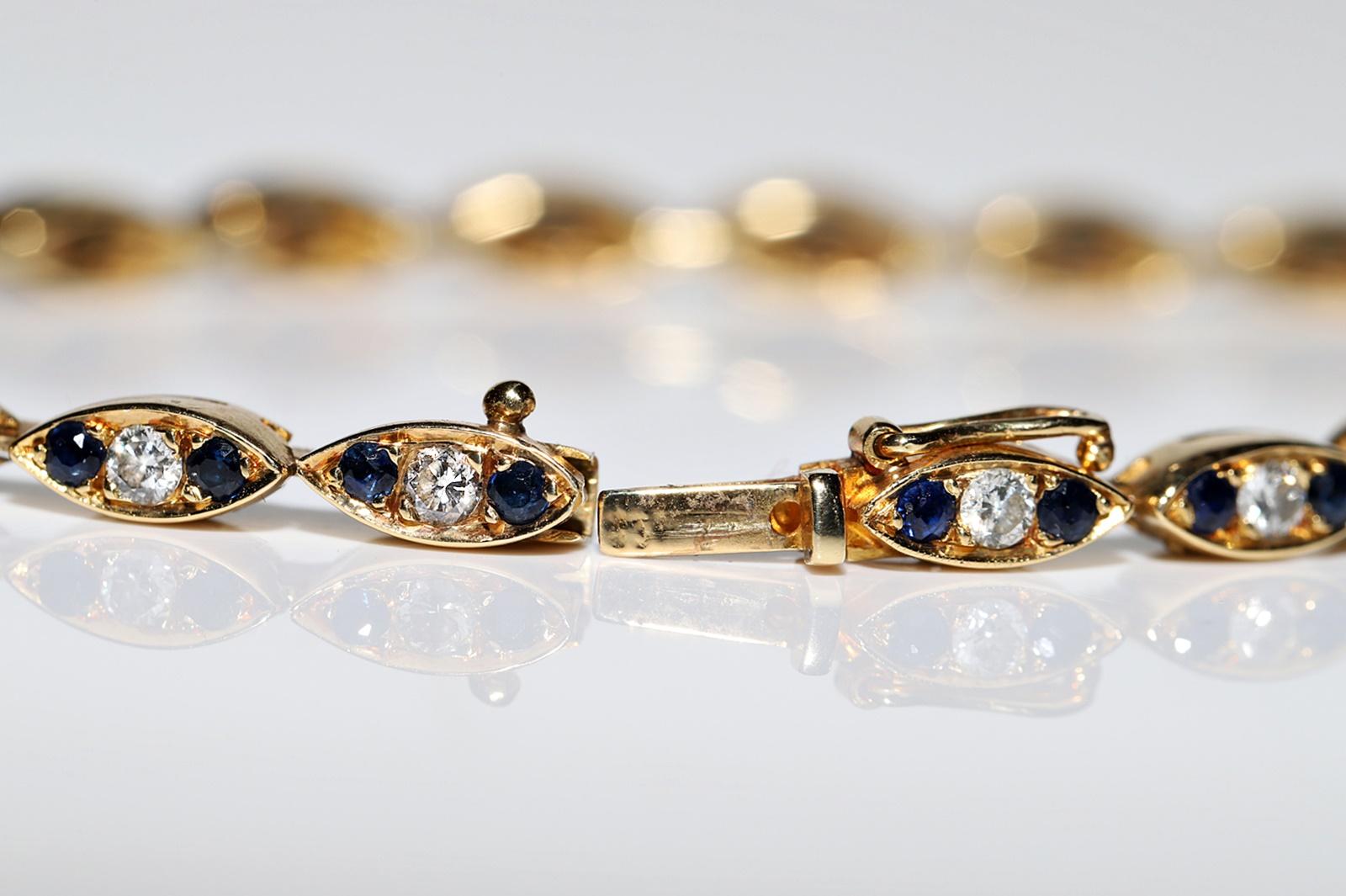 Vintage Circa 1980s 18k Gold Natural Diamond And Sapphire Decorated Bracelet For Sale 6