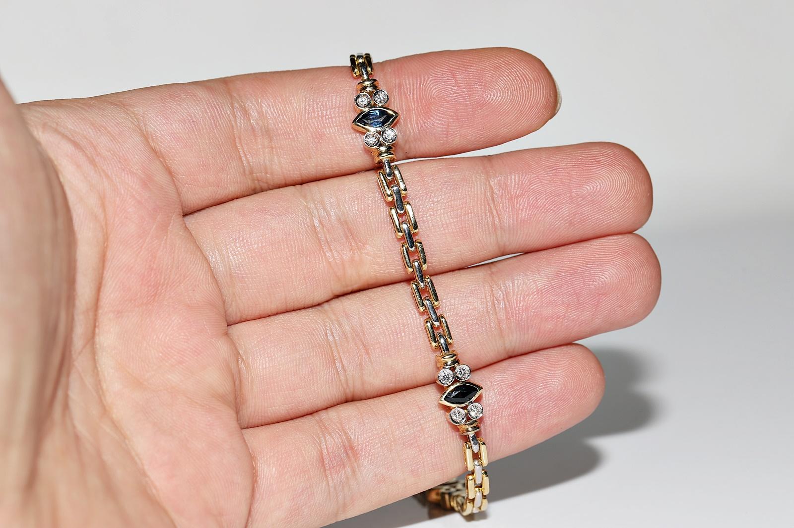Vintage Circa 1980s 18k Gold Natural Diamond And Sapphire Decorated Bracelet For Sale 11