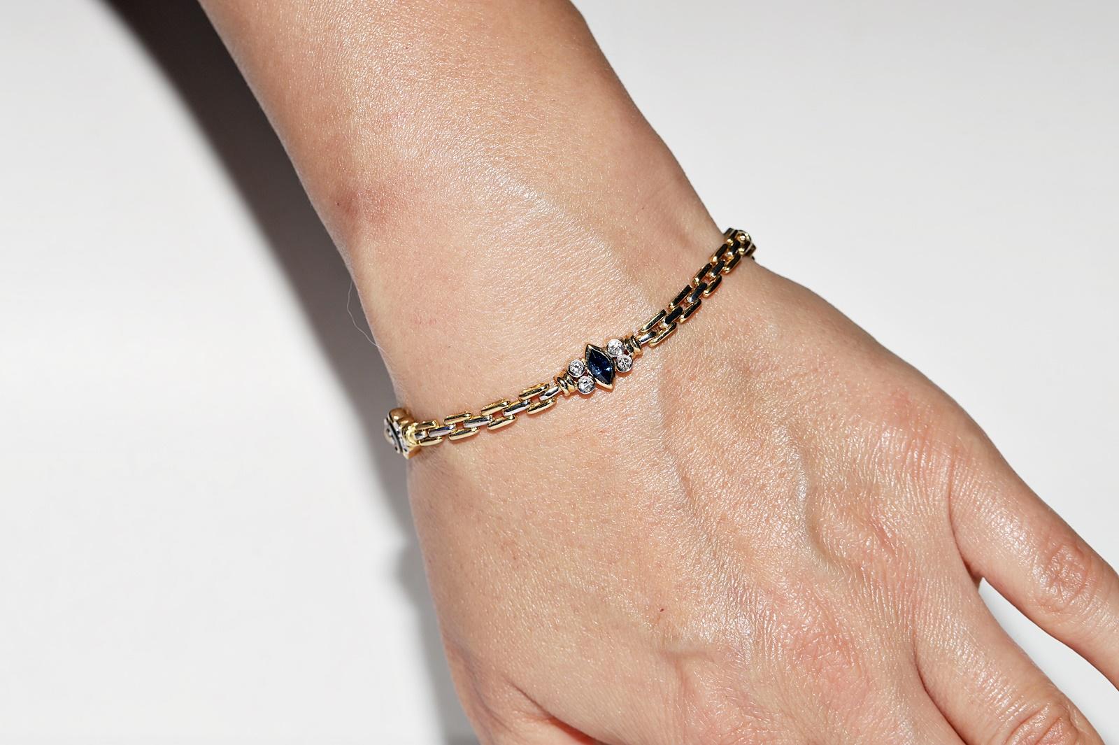 In very good condition.
Total weight is 18.1 grams.
Totally is diamond 0.45 ct.
The diamond is has G color and vvs-vs clarity.
Totally is sapphire 2 ct.
Totally lenght is bracelet 18 cm.
Box is not included.
Please contact for any questions.