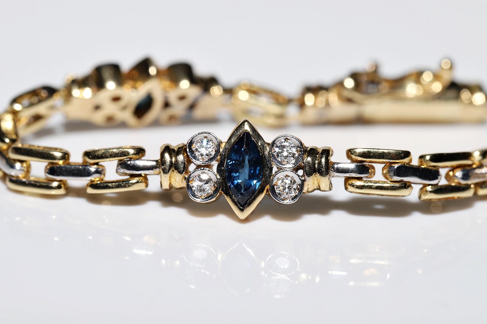 Vintage Circa 1980s 18k Gold Natural Diamond And Sapphire Decorated Bracelet For Sale 3
