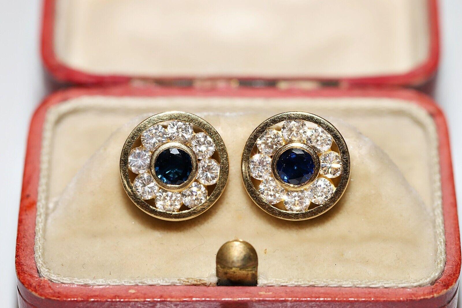 Vintage Circa 1980s 18k Gold Natural Diamond And Sapphire Decorated Earring For Sale 6