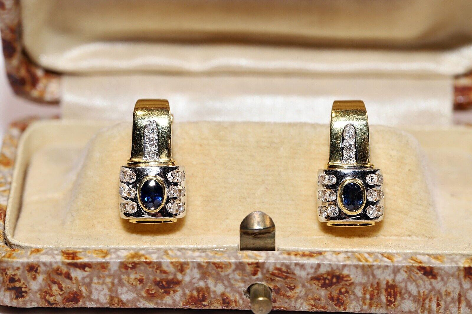 Pendiente Vintage Circa 1980s Oro 18k Decorado con Diamante Natural y Zafiro Retro en venta