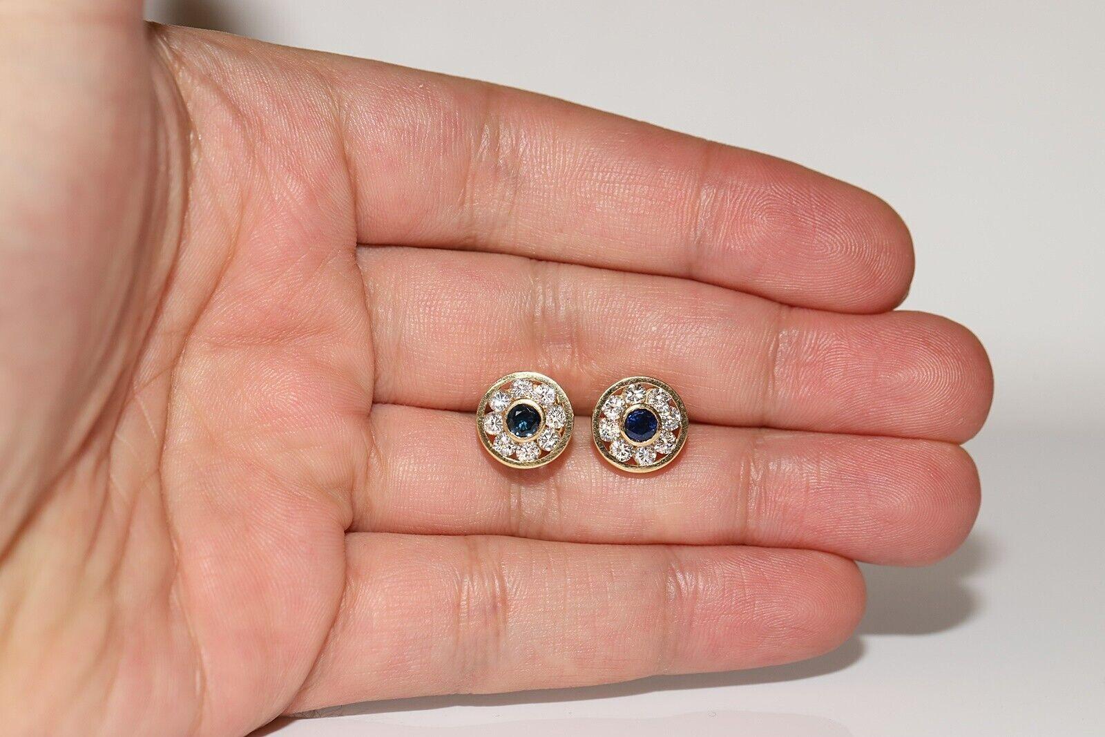 Vintage Circa 1980s 18k Gold Natural Diamond And Sapphire Decorated Earring For Sale 1