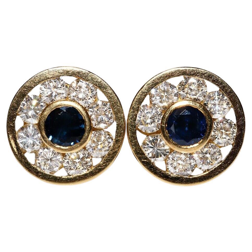 Vintage Circa 1980s 18k Gold Natural Diamond And Sapphire Decorated Earring For Sale