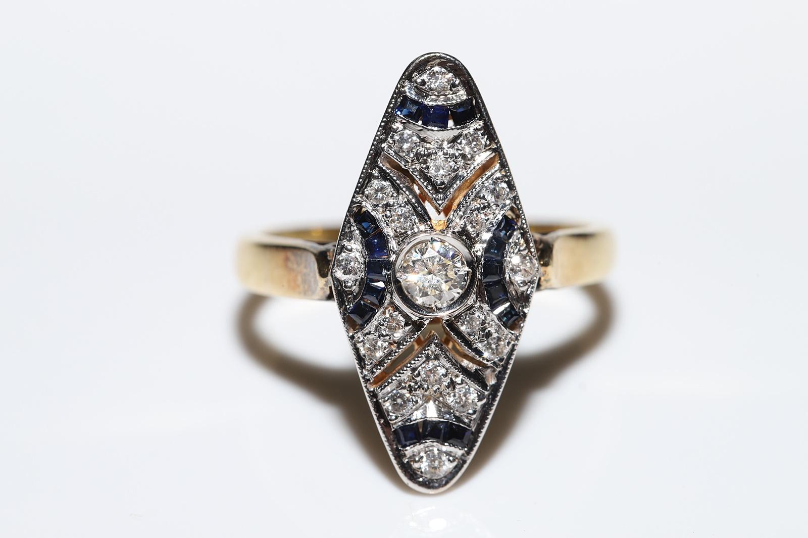 Vintage Circa 1980s 18k Gold Natural Diamond And Sapphire Decorated Navette Ring 5