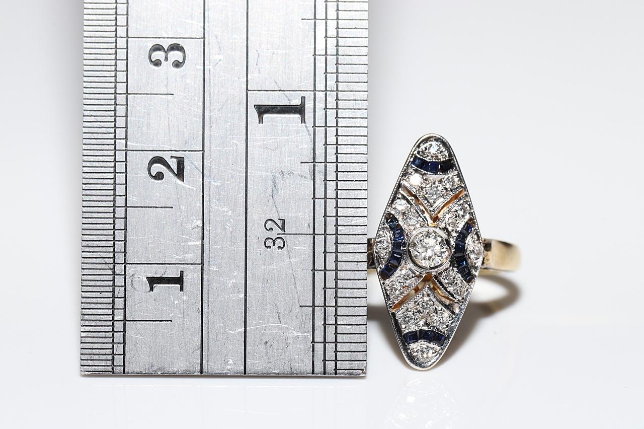 Vintage Circa 1980s 18k Gold Natural Diamond And Sapphire Decorated Navette Ring 6