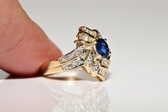 Vintage Circa 1980s 18k Gold Natural Diamond And Sapphire Decorated Navette Ring