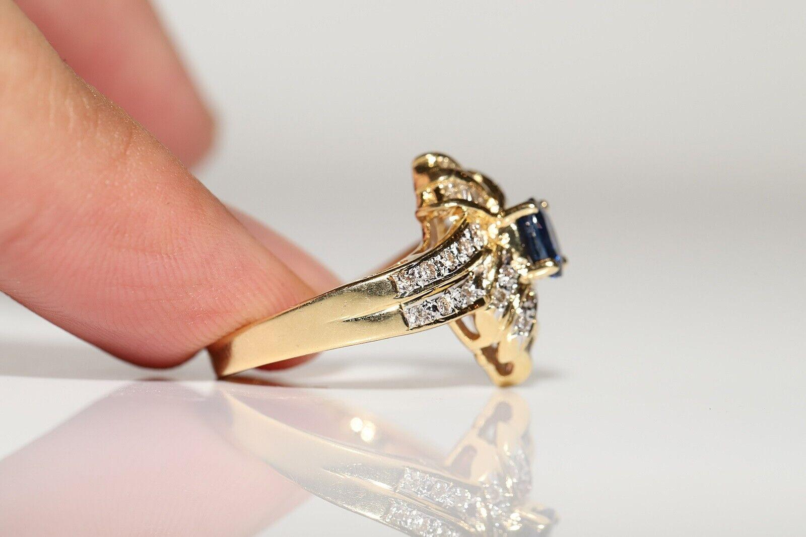 Retro Vintage Circa 1980s 18k Gold Natural Diamond And Sapphire Decorated Navette Ring For Sale