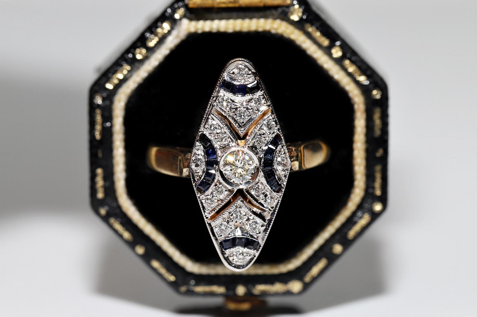 Vintage Circa 1980s 18k Gold Natural Diamond And Sapphire Decorated Navette Ring In Good Condition In Fatih/İstanbul, 34