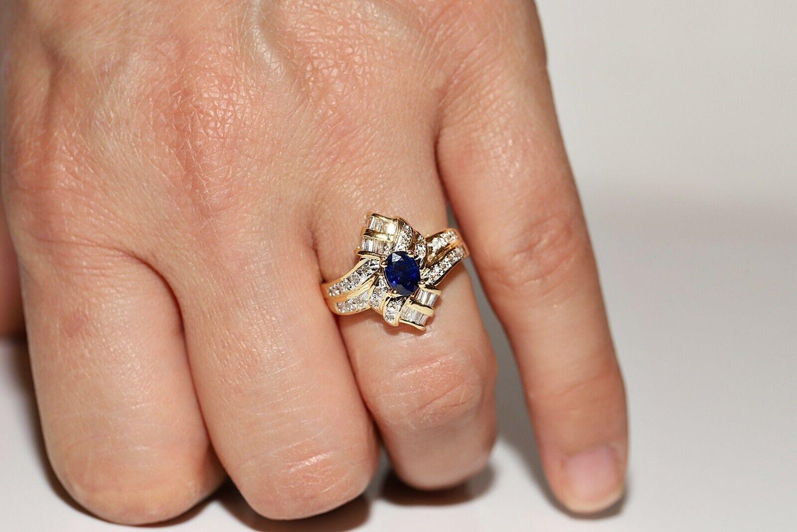 Vintage Circa 1980s 18k Gold Natural Diamond And Sapphire Decorated Navette Ring For Sale 3