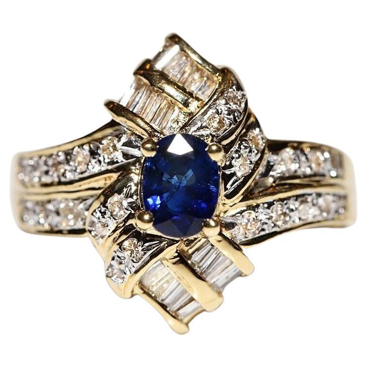 Bague navette vintage des années 1980 en or 18 carats décorée de diamants naturels et de saphirs