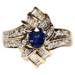 Bague navette vintage des années 1980 en or 18 carats décorée de diamants naturels et de saphirs