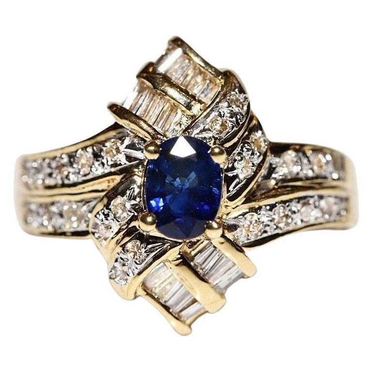 Bague navette vintage des années 1980 en or 18 carats décorée de diamants naturels et de saphirs