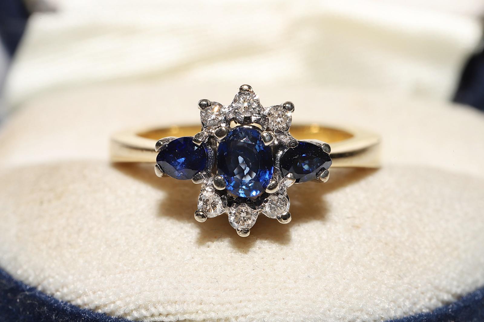 In very good condition.
Total weight is 6.8 grams.
Totally is diamond 0.30 ct.
The diamond is has H-I color and s1-s2 clarity.
Totally is sapphire 1.20 ct.
Ring size is US 6.5 
We can make any size.
Box is not included.
Please contact for any