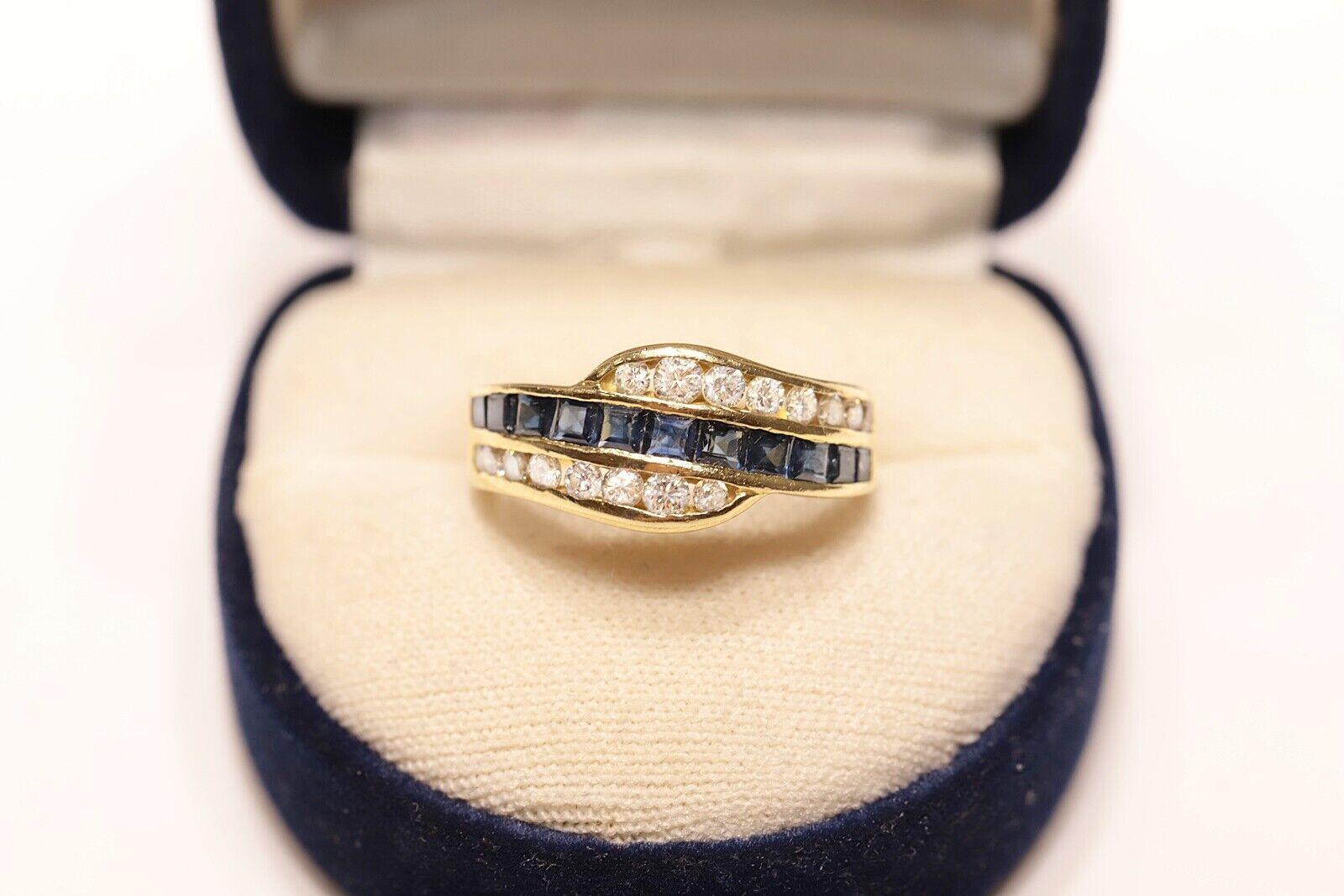 Vintage Circa 1980s 18k Gold Natural Diamond And Caliber Sapphire Ring For Sale 3