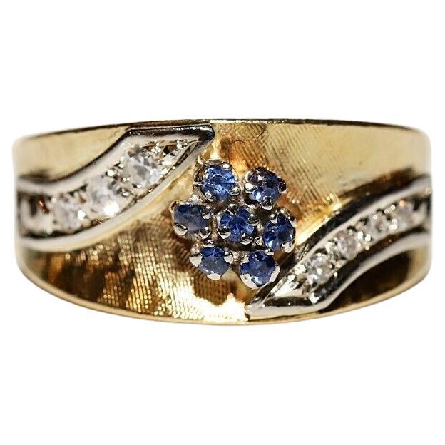 Vintage Circa 1980s 18k Gold Natural Diamond And Sapphire Decorated Ring For Sale
