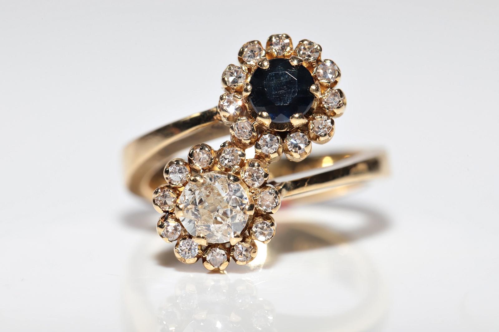 Vintage Circa 1980er Jahre 18k Gold Natürlicher Diamant und Saphir Dekorierter starker Ring (Einfacher Schliff) im Angebot