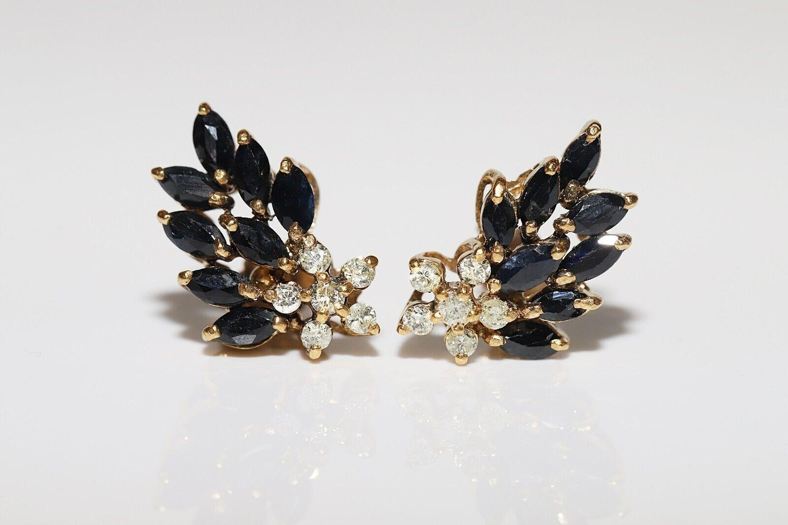 Retro Vintage Circa 1980s 18k Gold Natural Diamond And Sapphire Earring For Sale