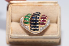 Vintage Circa 1980s 18k Gold Natural Diamond And Sapphire Emerald And Ruby Ring