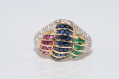 Vintage Circa 1980s 18k Gold Natural Diamond And Sapphire Emerald And Ruby Ring